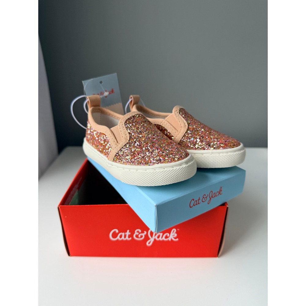 Cat & Jack Glitter Sneakers Toddler Size 5 Rose Gold Pink NWT Slip‎ On Sparkle